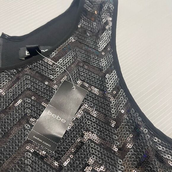 NWT Bebe Uptown Leather And Shine Black Sequin Tank Top Size Medium New - Picture 4 of 6